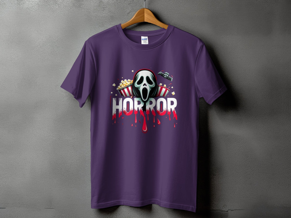 Purple t-shirt with a ghost mask, popcorn, and the word "HORROR" in blood.