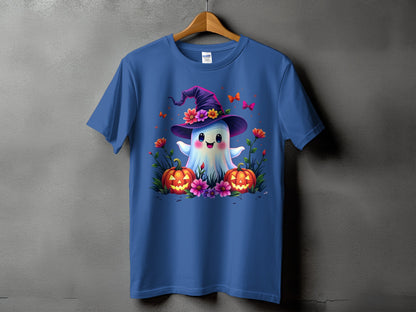 Blue t-shirt with a cute ghost wearing a witch hat and surrounded by pumpkins and flowers.
