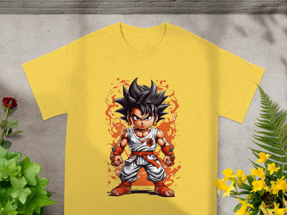 Yellow t-shirt with a cartoon character illustration of Goku from Dragon Ball Z.