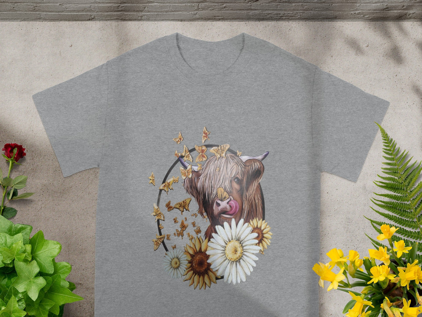 Highland Cow Floral Print with Butterflies Shirt