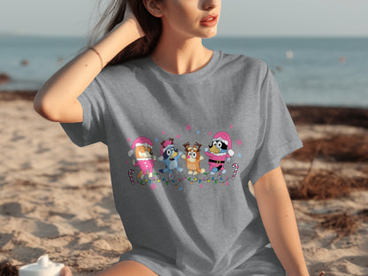 Festive Cartoon Characters on Beach T-Shirt
