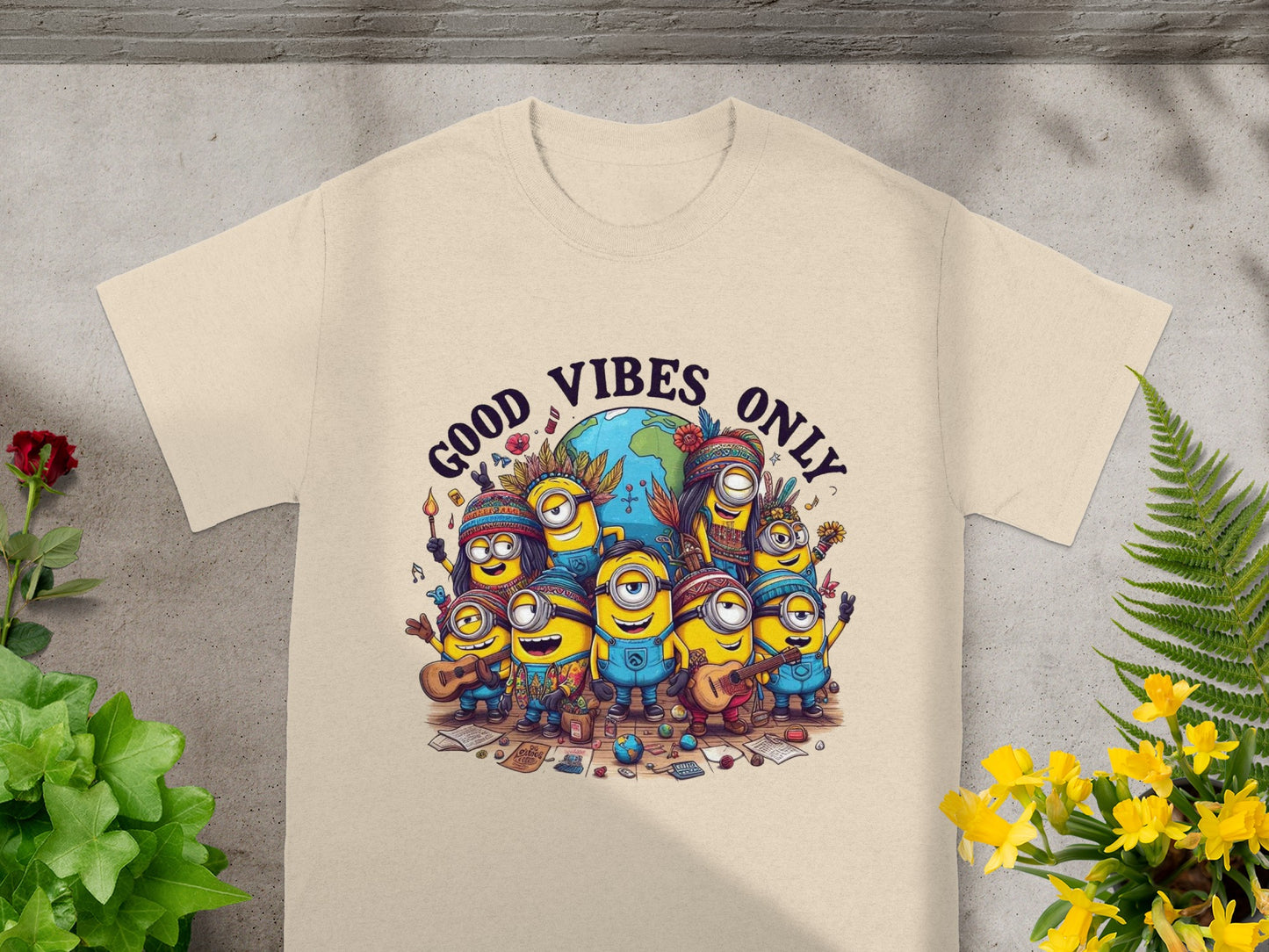 Minions in hippie attire surrounding a globe with "GOOD VIBES ONLY" text.