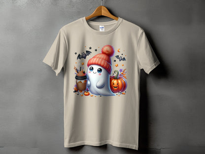 Cream t-shirt with ghost, coffee, pumpkin, bats, and stars Halloween graphic.