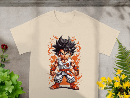 Goku in orange and white outfit with spiky hair, front view.