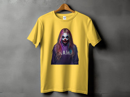 Yellow t-shirt featuring a colorful clown graphic with the word "AMAY" on a hoodie.