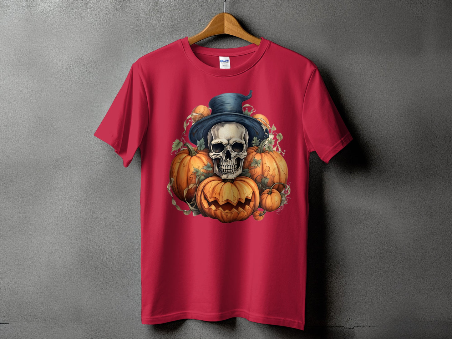 Red t-shirt with skull, pumpkins, and witch hat Halloween graphic.