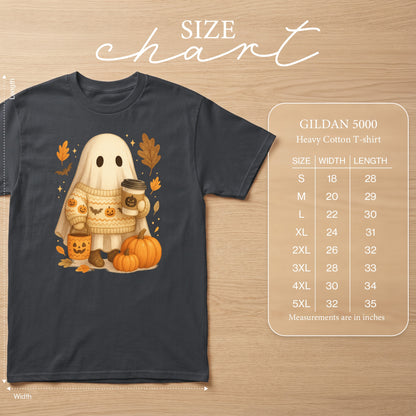 Ghost wearing sweater holding coffee, with pumpkins and leaves, beside a size chart.