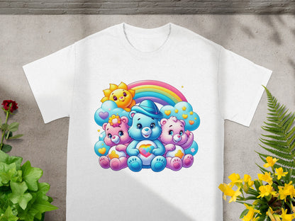 Three smiling Care Bears sit under a rainbow and sun with puffy clouds.