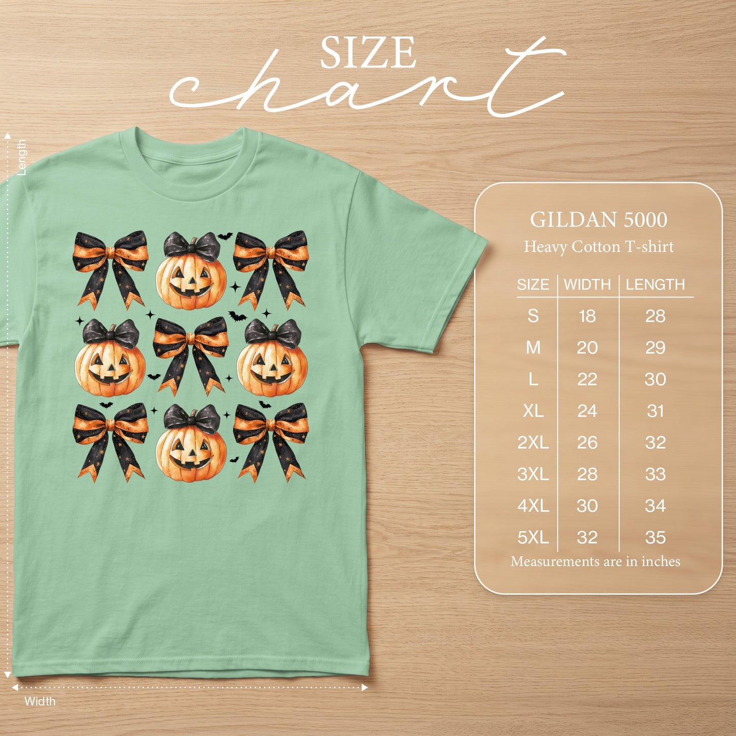 Mint t-shirt with jack-o'-lanterns and bows pattern, size chart included.