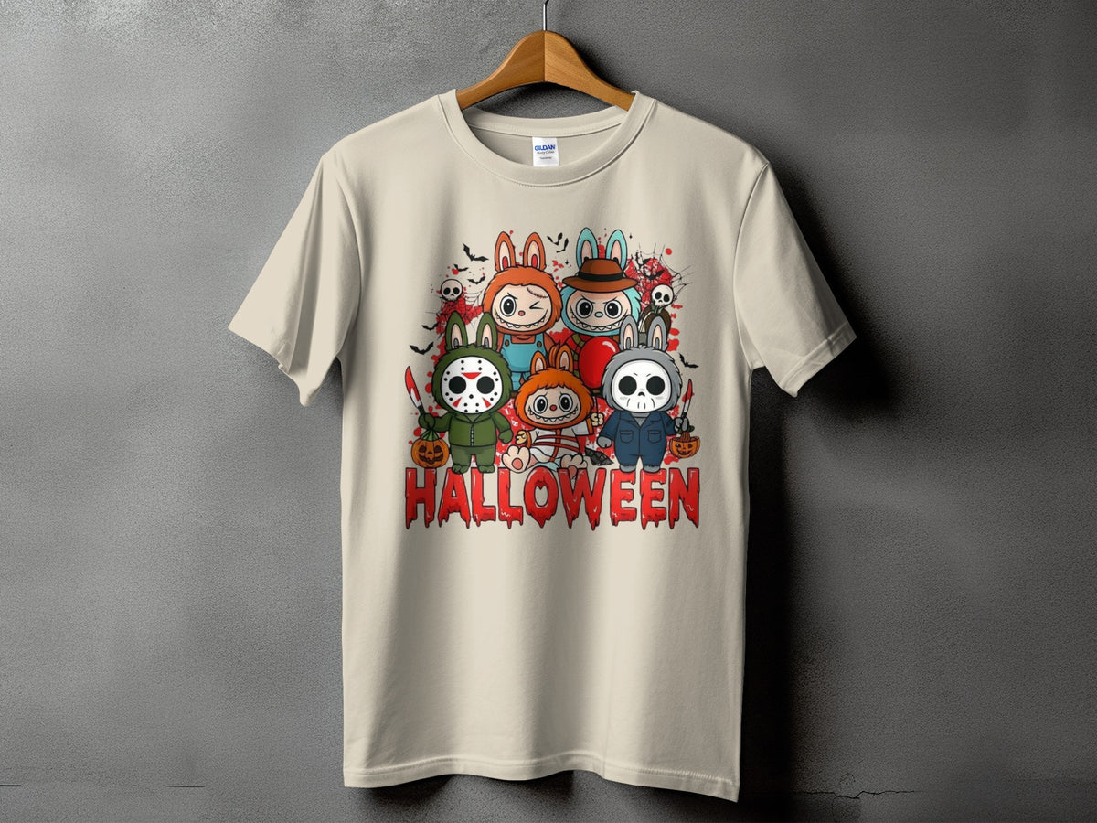 Cream t-shirt with cartoon characters dressed as horror icons and the word HALLOWEEN.