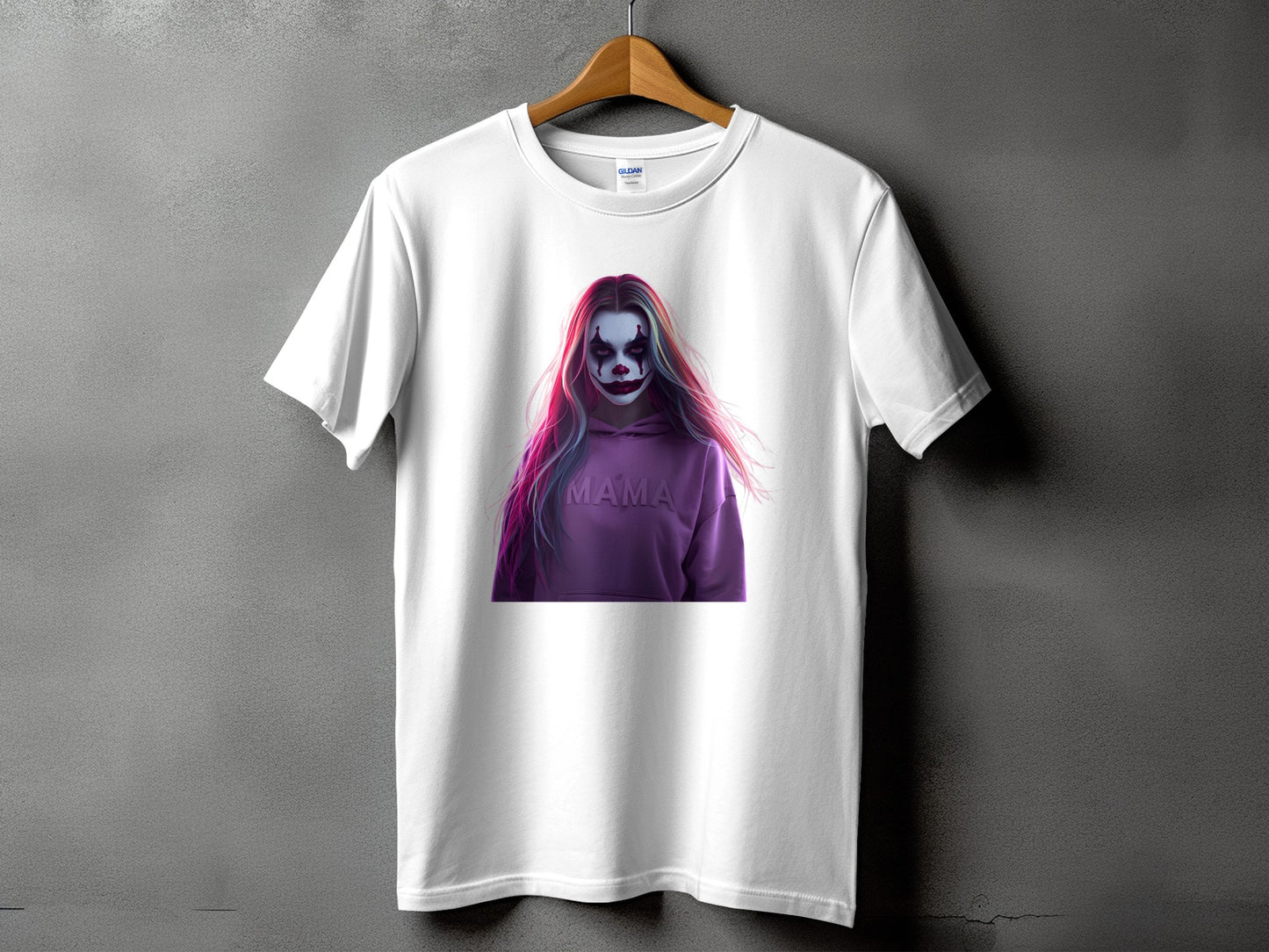White t-shirt with a clown graphic and "MAMA" text.