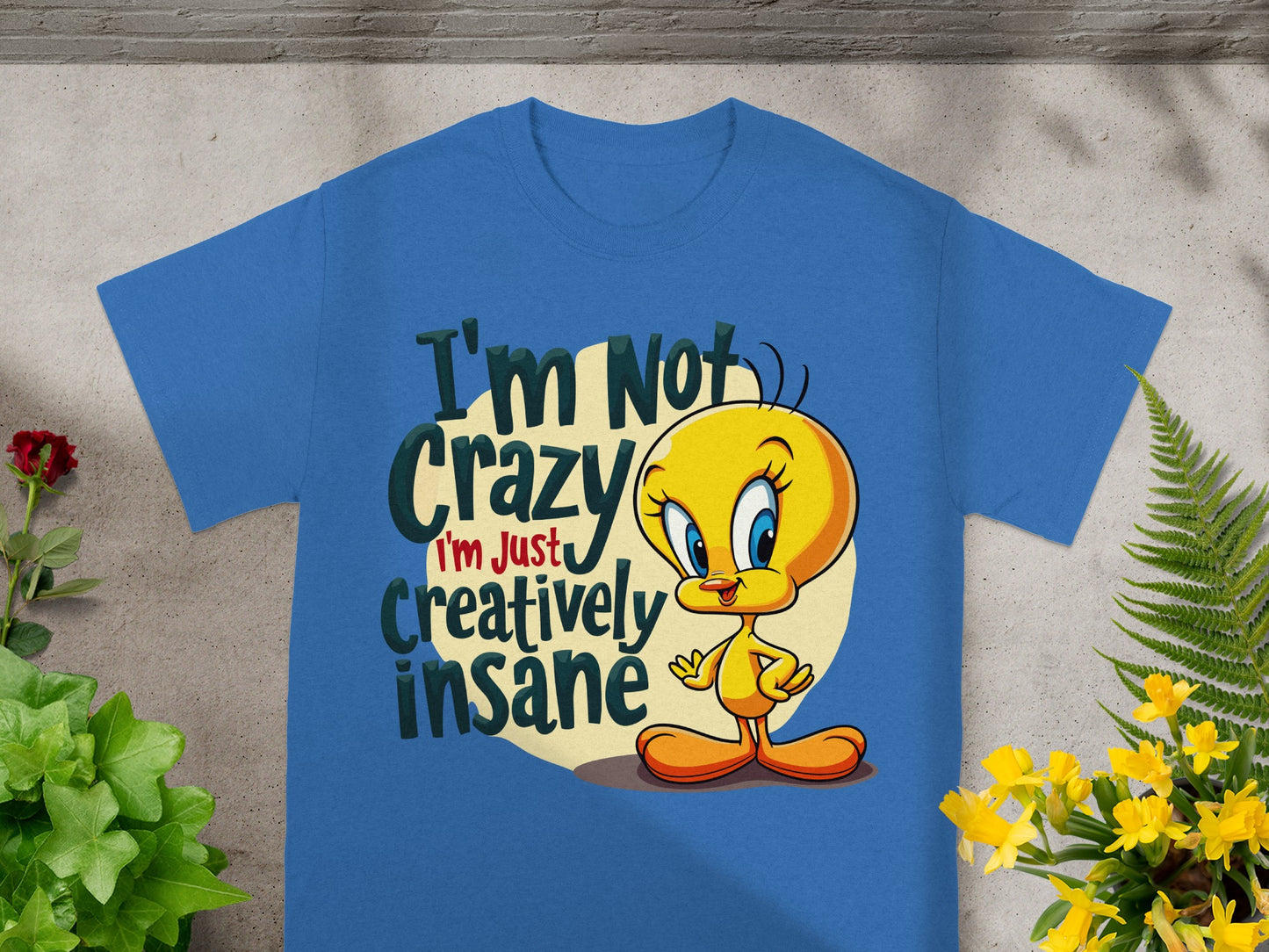 Blue t-shirt with Tweety Bird and text "I'm Not Crazy I'm Just Creatively Insane".