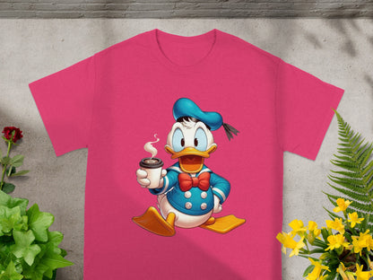Donald Duck in sailor outfit holding coffee cup on a pink t-shirt.