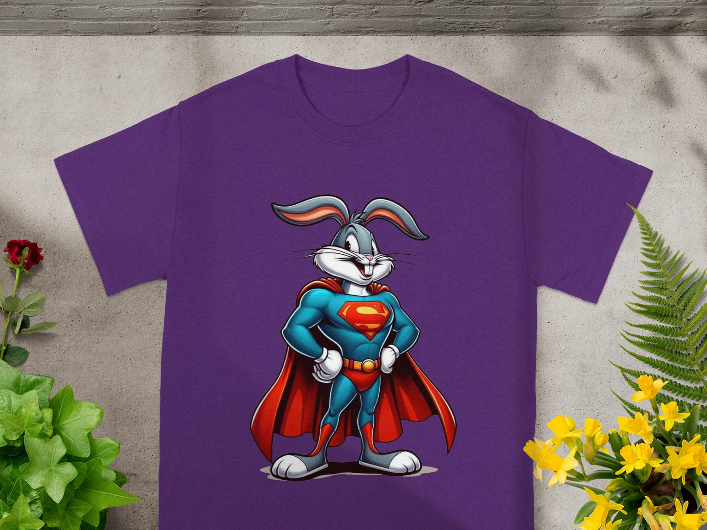 Bugs Bunny in Superman costume on purple t-shirt.