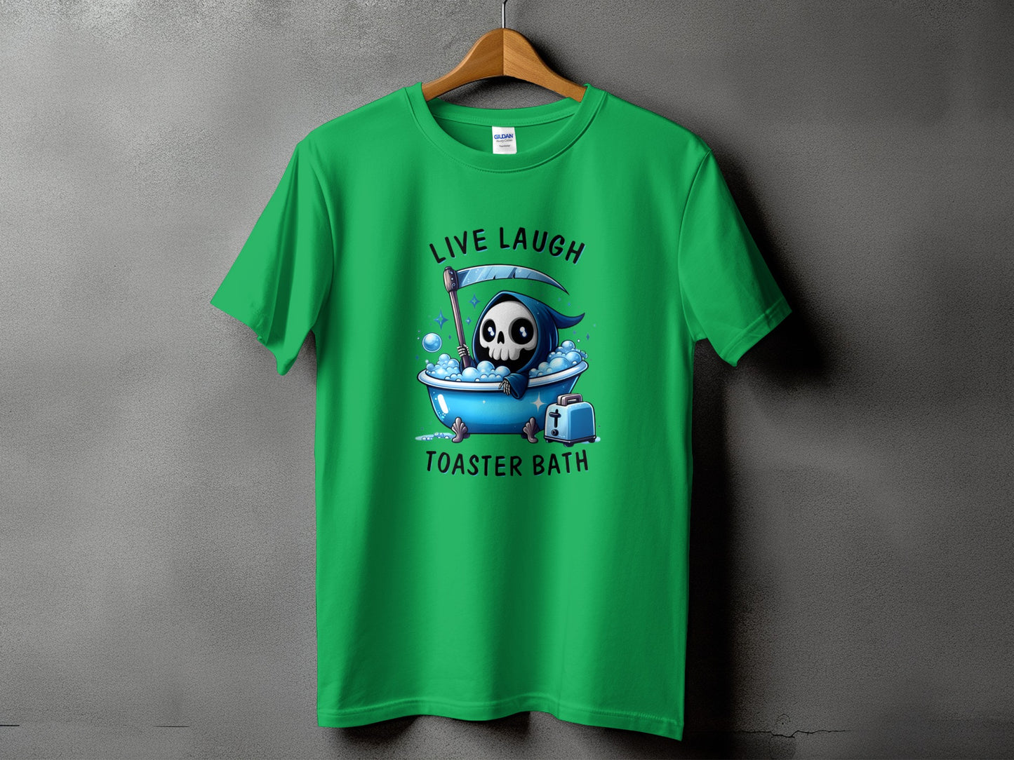 Grim reaper character in bathtub with toaster and text "LIVE LAUGH TOASTER BATH".