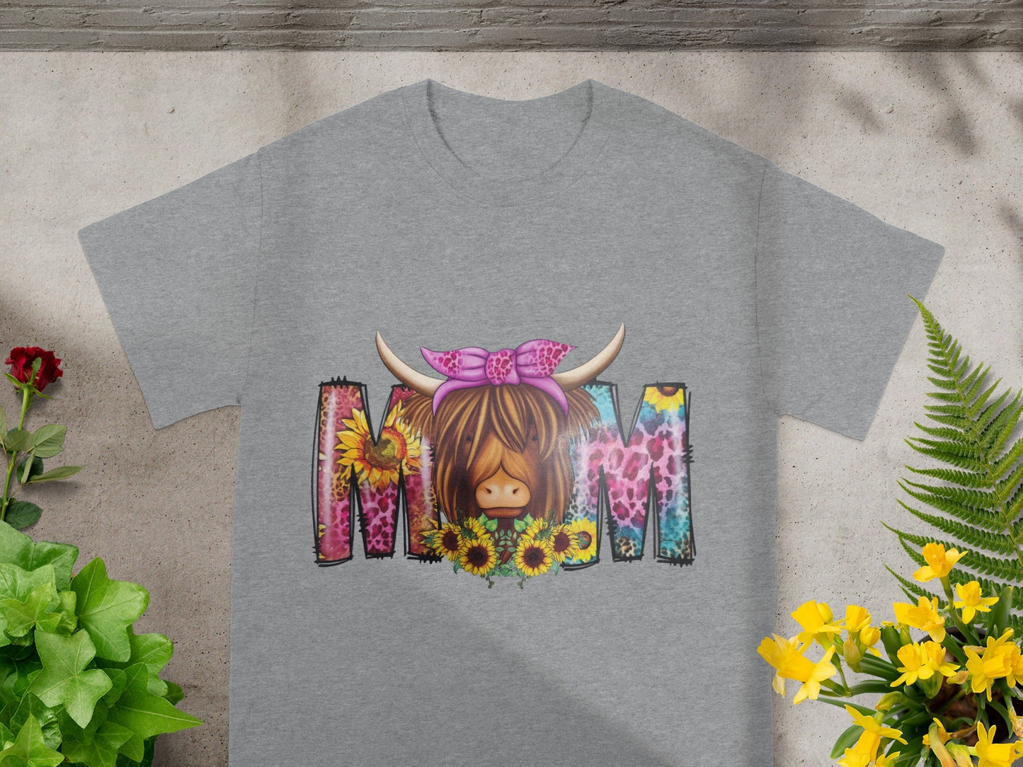 Colorful Mom Graphic Highland Cow T-shirt