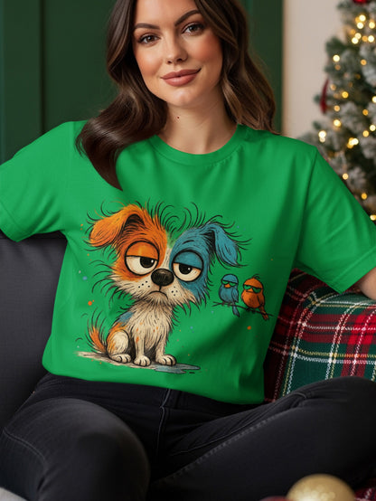Green t-shirt with cartoon dog and two small birds.