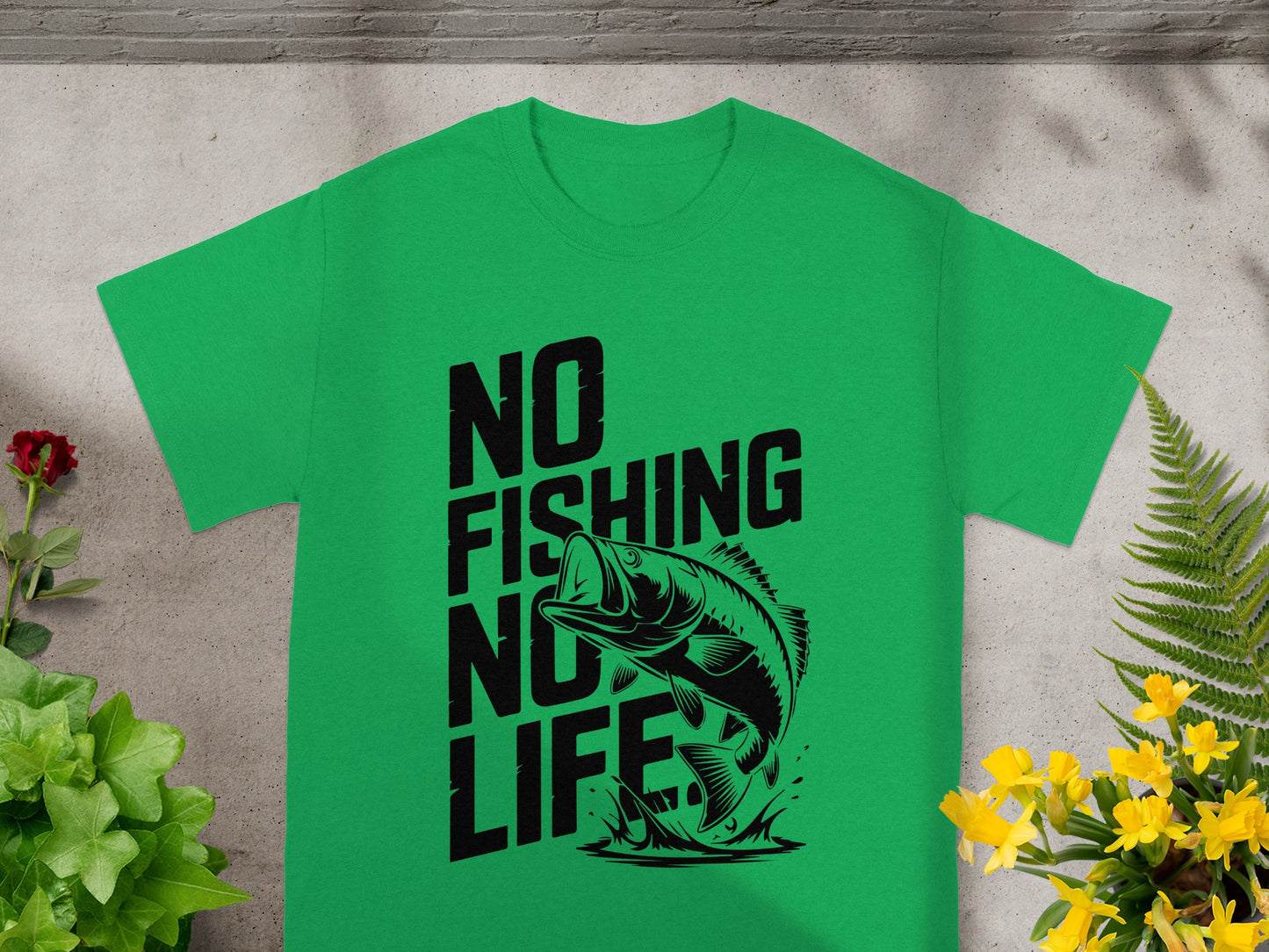 Green t-shirt with "No Fishing No Life" text and a leaping bass fish graphic.
