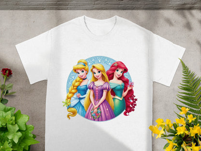 Three Disney princesses - Cinderella, Ariel, and Rapunzel - on a white t-shirt.