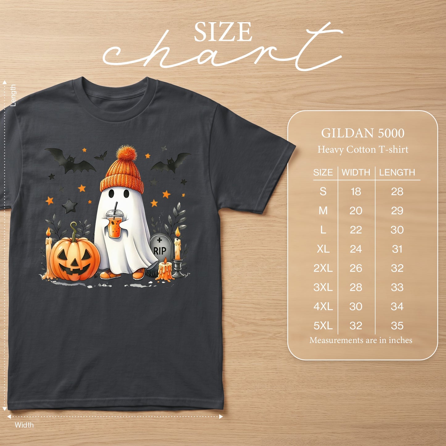 Gildan 5000 heavy cotton t-shirt with a cute ghost, pumpkin, and bats Halloween graphic.