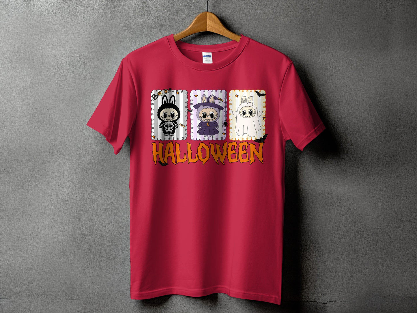 Red t-shirt with three Halloween characters and the word "HALLOWEEN".