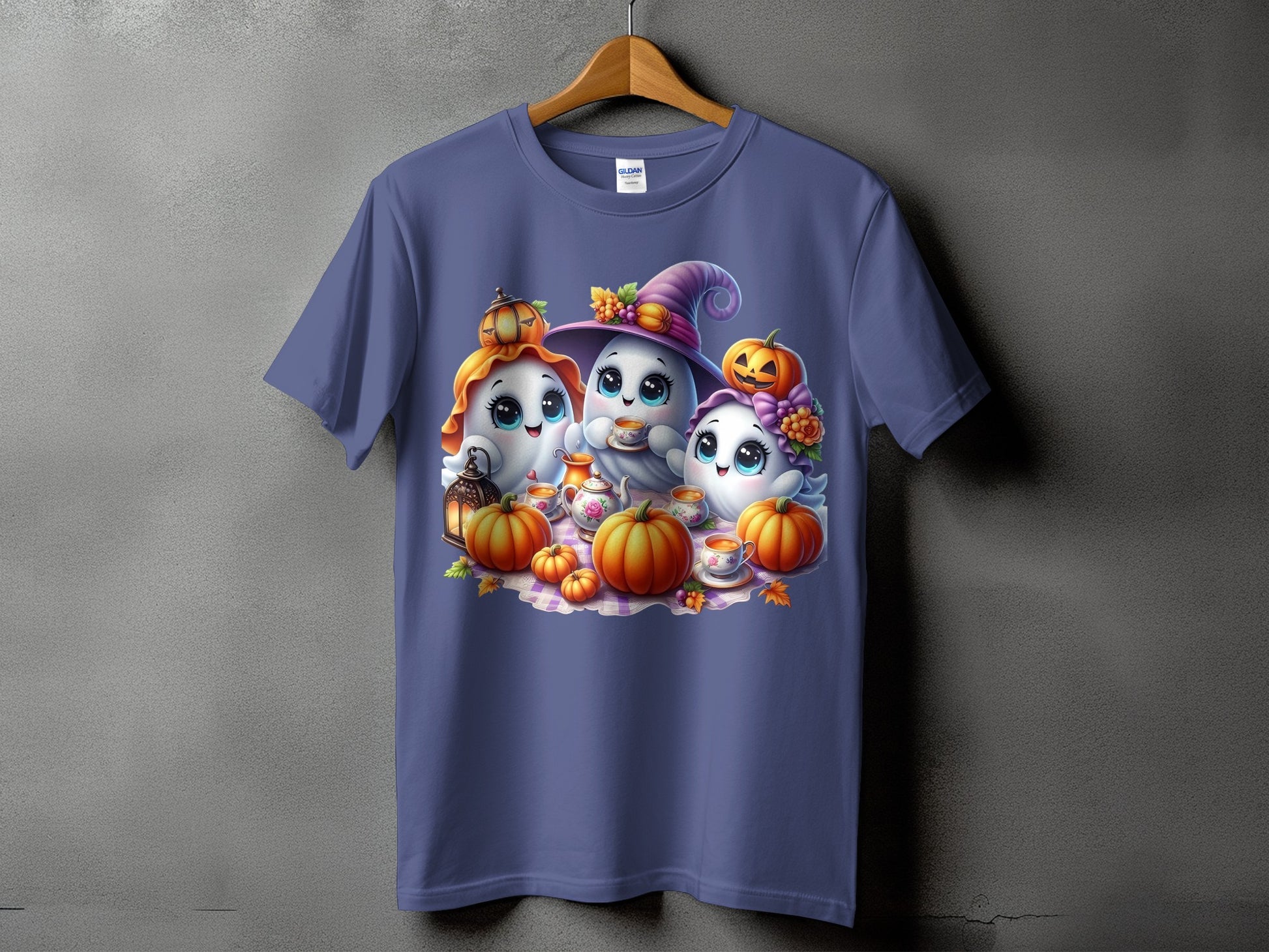 Three cute ghosts in Halloween costumes with pumpkins and tea set.
