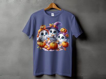 Three cute ghosts in Halloween costumes with pumpkins and tea set.