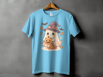 Light blue t-shirt with a cute ghost wearing a witch hat holding pumpkins.