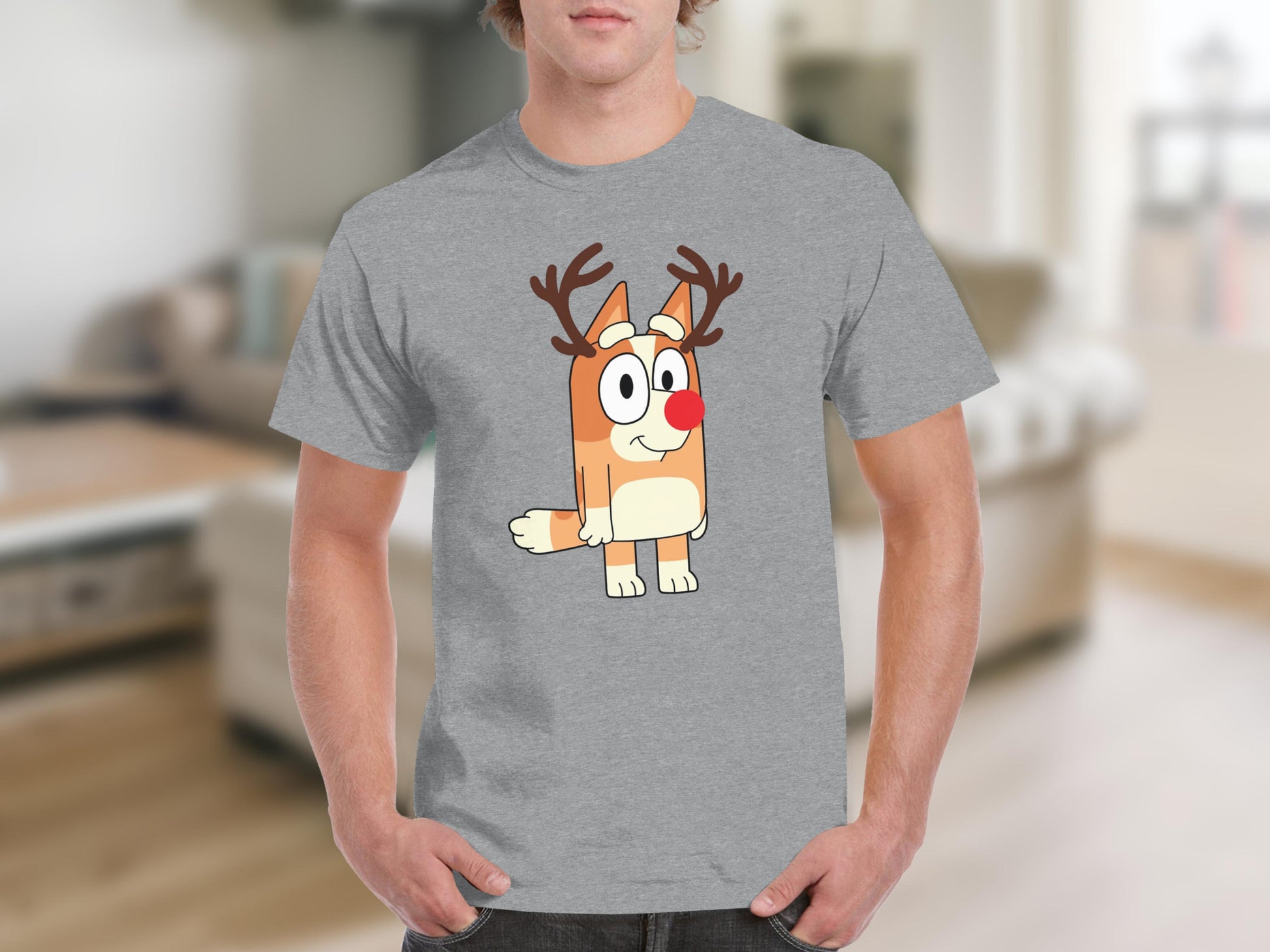 Funny Cartoon Reindeer Character On Grey T-shirt