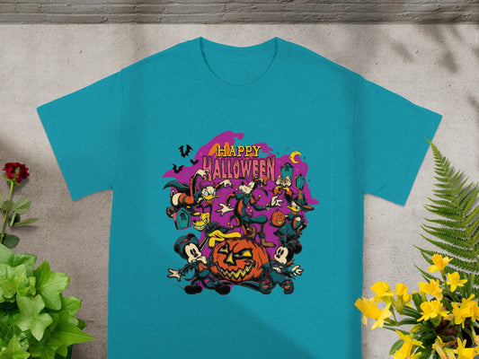 Teal t-shirt with cartoon characters and "Happy Halloween" text and Jack-o-lantern.