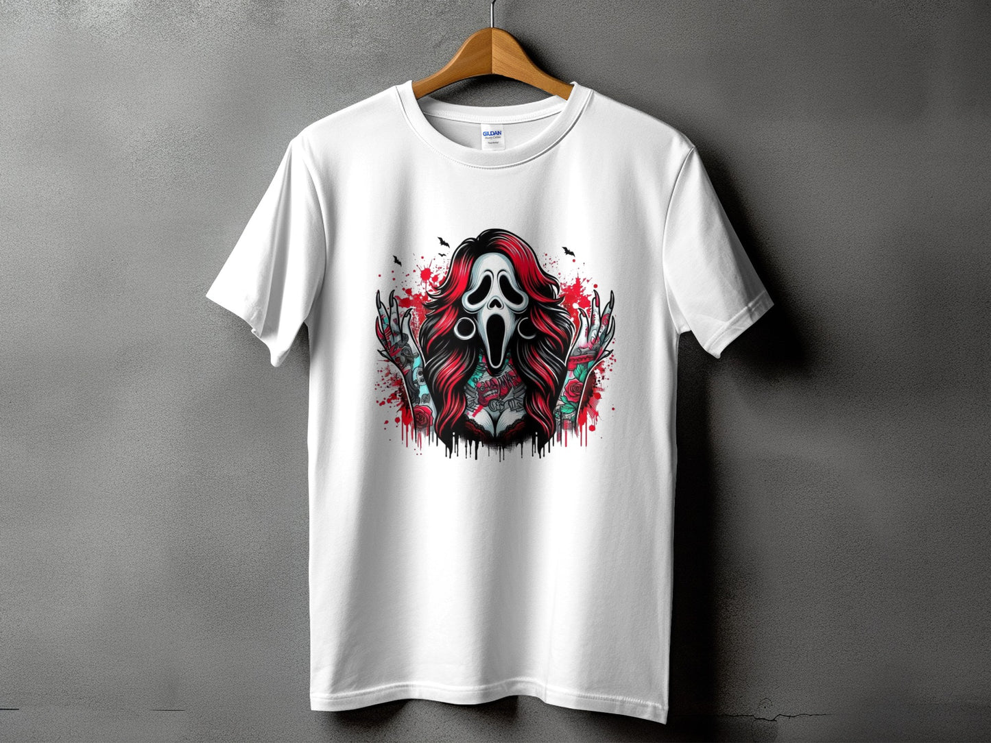 White t-shirt featuring a screaming ghost mask with gothic-style tattoos and roses.