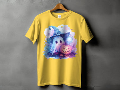 Yellow t-shirt with a watercolor design of a ghost in a witch hat and a jack-o'-lantern.