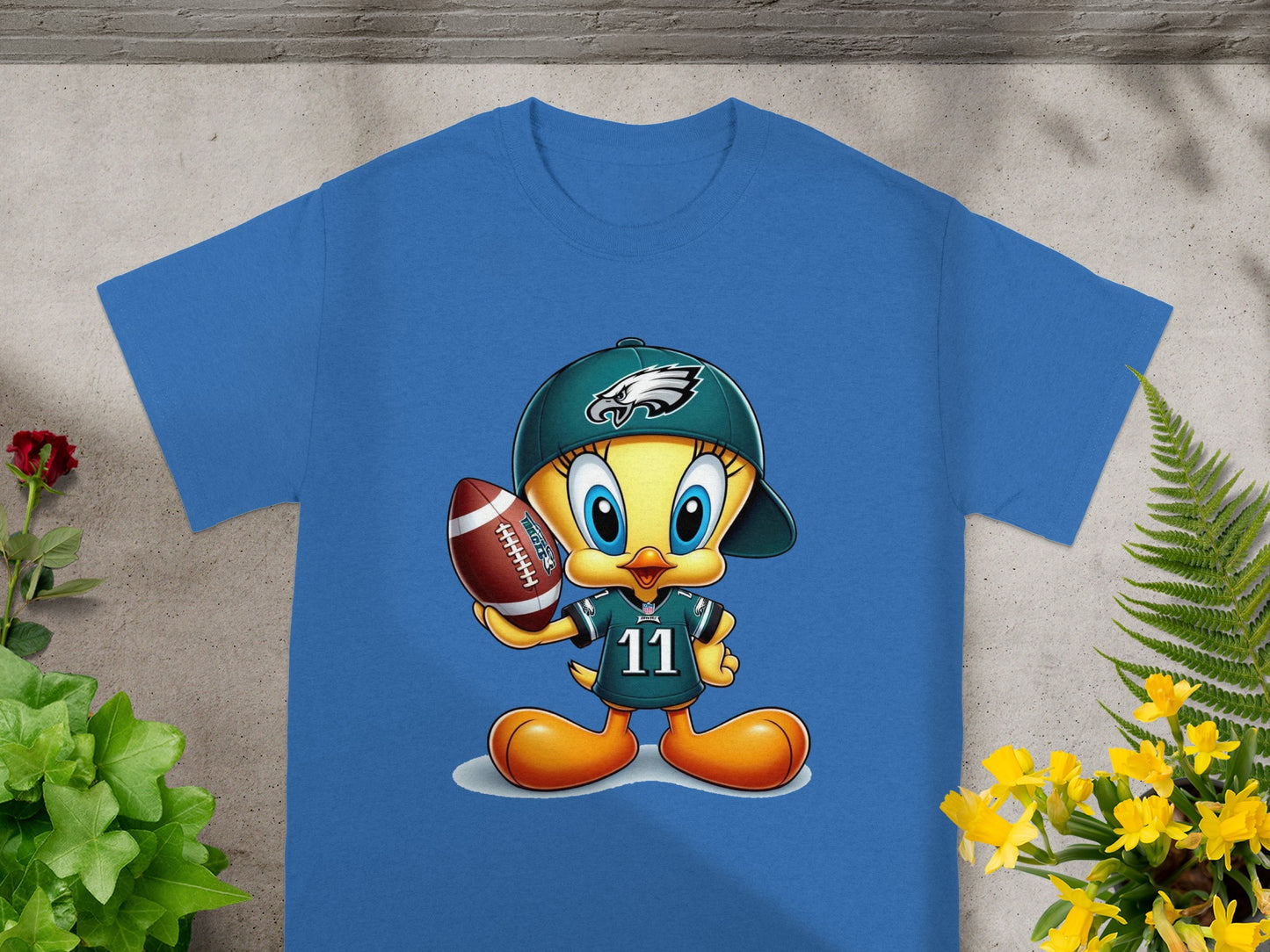 Tweety Bird Holds Football in Hat and Jersey Shirt