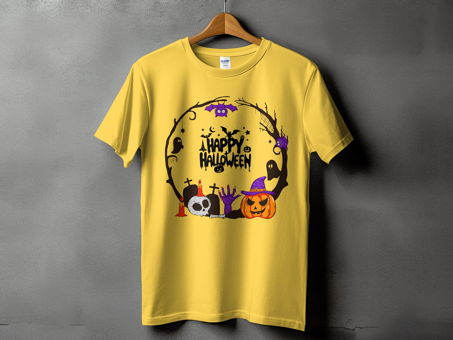 Yellow t-shirt with "A Happy Halloween" graphic featuring a pumpkin, skull, and bats.