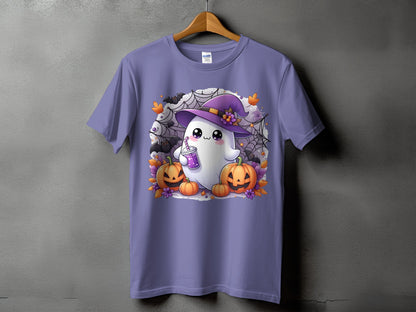 Purple t-shirt with a cute ghost wearing a witch hat and holding a drink.