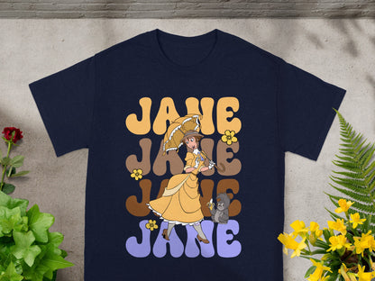Navy t-shirt with "Jane" repeated in retro font, featuring a woman with umbrella.