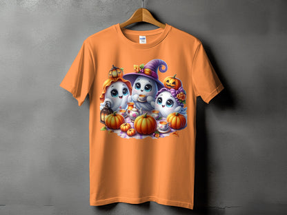 Three cute ghosts enjoying tea with pumpkins and a lantern.