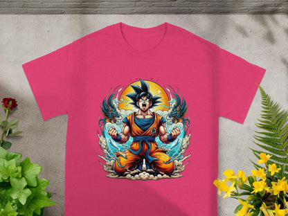 Goku in Super Saiyan form, fists raised, with dragons and sun on a pink t-shirt.