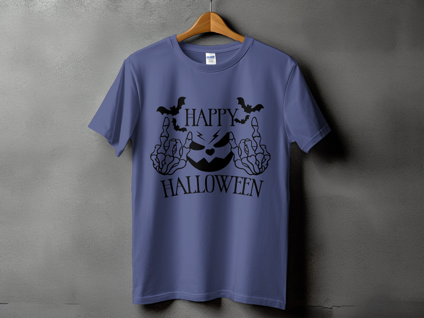 Purple t-shirt with black Halloween graphic featuring a jack-o'-lantern and bats.