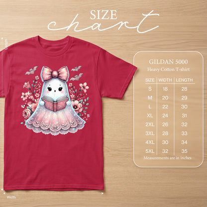 Red t-shirt with ghost design, size chart for Gildan 5000 Heavy Cotton T-shirt.