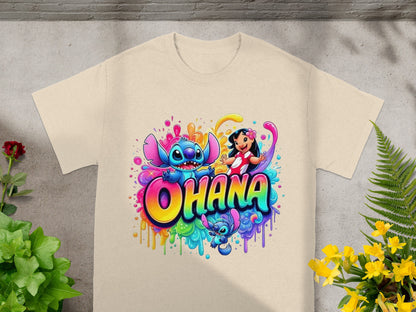 Lilo and Stitch characters with colorful paint splatters on a light beige t-shirt.