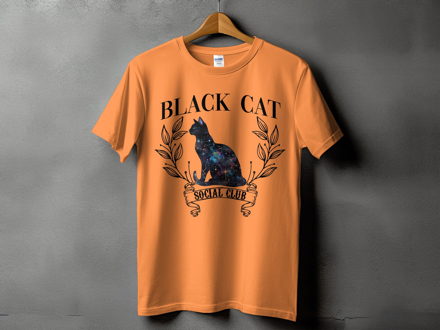 Orange t-shirt with "Black Cat Social Club" text and galaxy cat graphic.