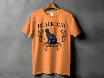 Orange t-shirt with "Black Cat Social Club" text and galaxy cat graphic.