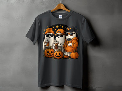Three cartoon ghosts in sunglasses and hats hold coffee cups near pumpkins.
