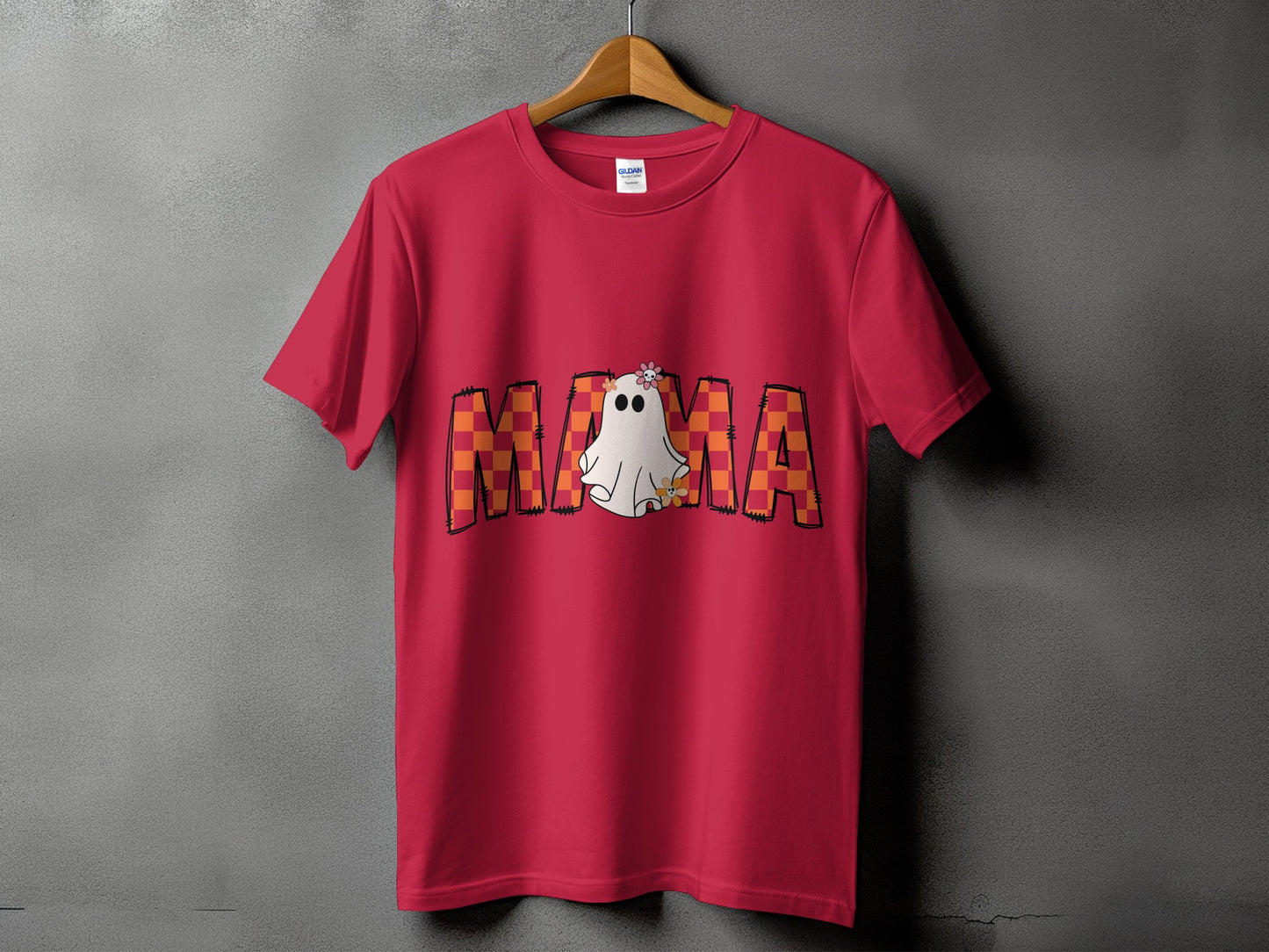 Red t-shirt with ghost and plaid "MAMA" graphic.
