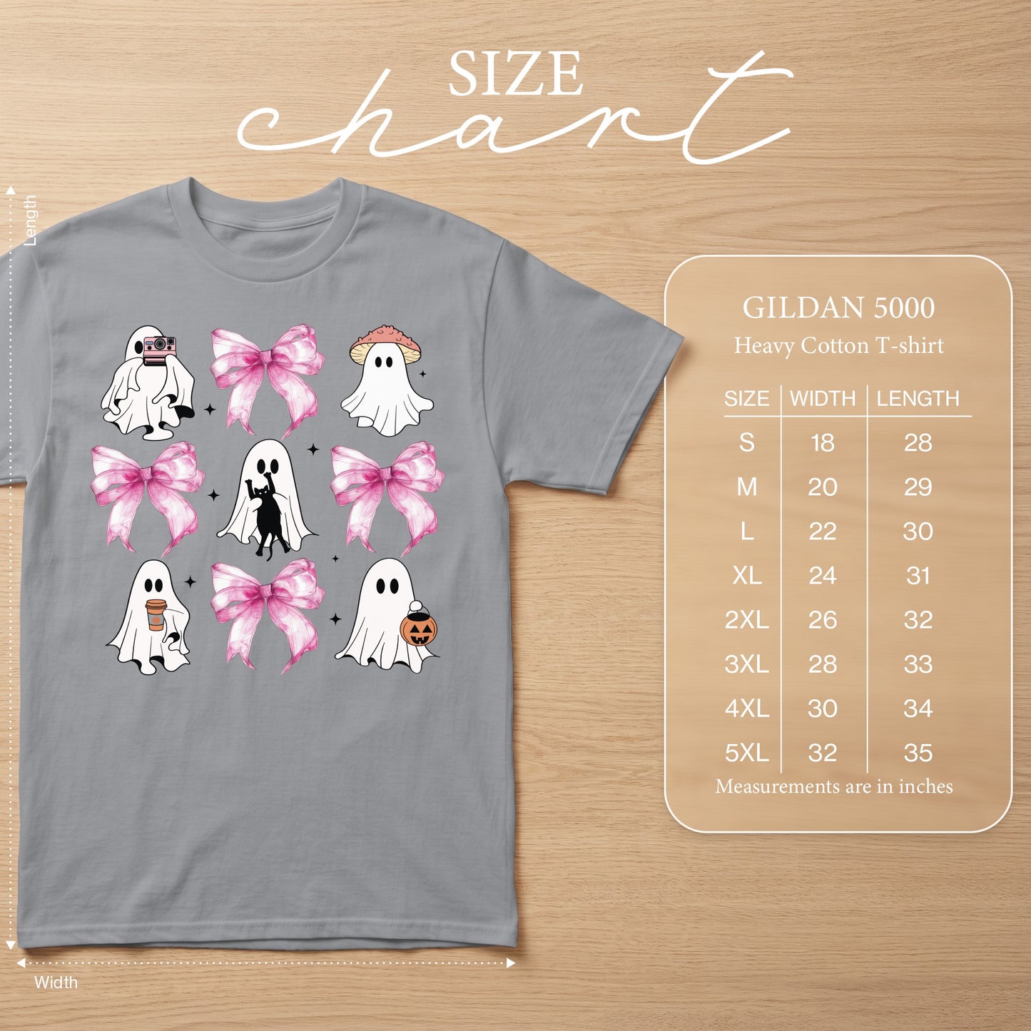 Gray Gildan 5000 heavy cotton t-shirt with ghost and bow graphic and size chart.