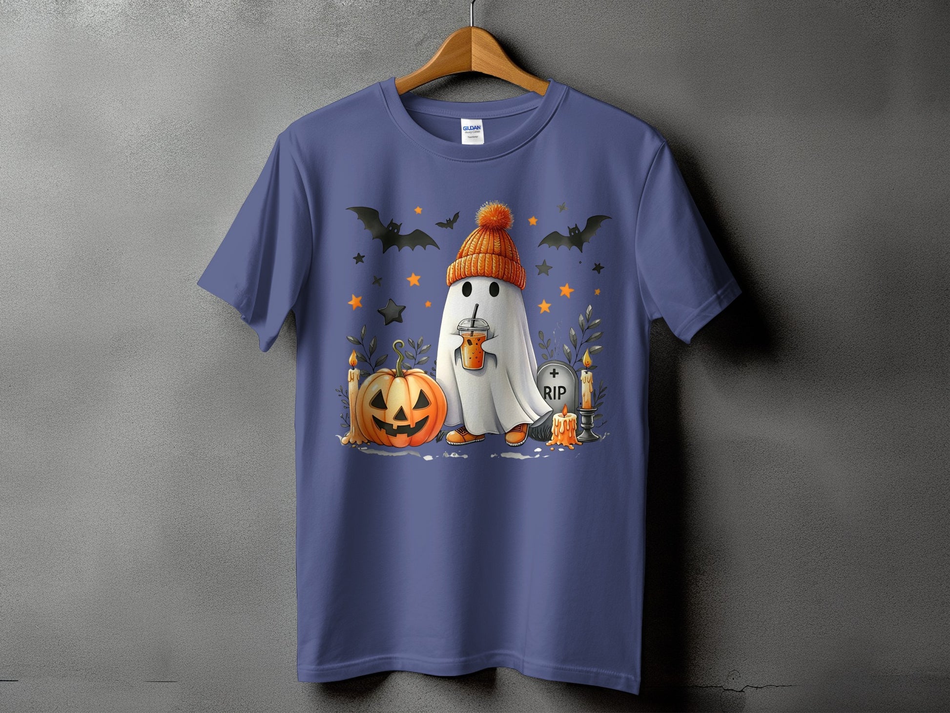 Ghost wearing an orange hat holding a drink with pumpkin, bats, and tombstone.