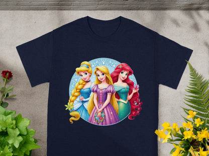 Three Disney princesses, Ariel, Cinderella, and Aurora, on a navy t-shirt.