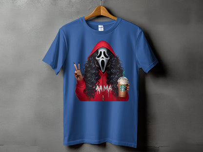Blue t-shirt with a Ghostface graphic wearing a red hoodie and holding a Starbucks drink.