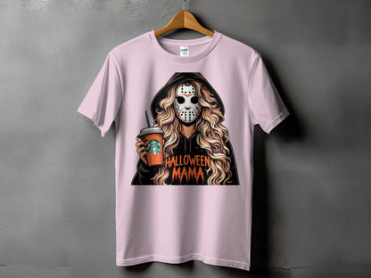 Pink t-shirt with graphic of woman in hockey mask holding coffee cup, text Halloween Mama.